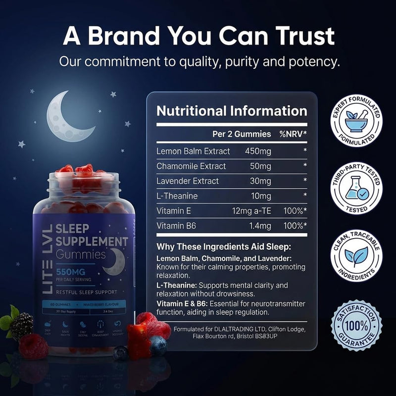 LITE LVL Sleep Gummies for Adults | High Strength with Lemon Balm, Camomile, Lavender & L-Theanine for Relaxation & Sleep Support | Aids Natural Melatonin Production | 60 Vegan & Sugar Free Gummies
