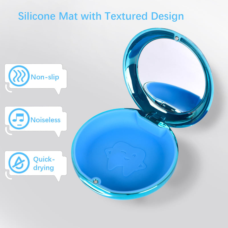 Electroplated Denture Case with Mirror, Portable Retainer Case Compatible with Transparent Braces, Mouth Guard, Orthodontic Retainers, Braces Box Organize and Protect Oral Supplies (Blue) Blue