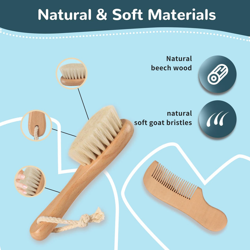 [Australia] - Baby Hair Brush and Comb Set, Wooden Baby Hair brush with Soft Goat Bristle and Wood Comb for Newborn Essentials, Good for Cradle Cap 