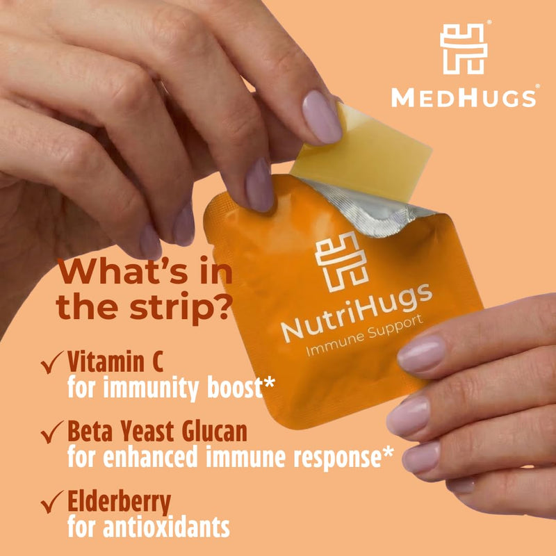 NutriHugs Immune Support Strips - Vitamin C, Elderberry and Beta Glucan - Fast-Dissolving Oral Thin Film Strips - Sugar-Free, Vegan, Non-GMO - Doctor-Formulated - 30 Count