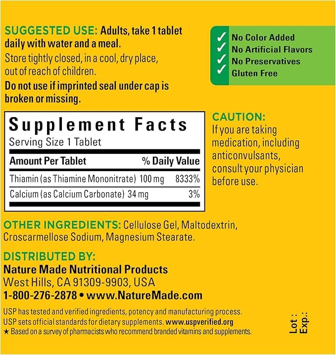 Nature Made Vitamin B1 100mg, Dietary Supplement for Energy Metabolism Support, 100 Tabletss, 100 Day Supply. No Artificial Flavors 100 Count (Pack of 1)
