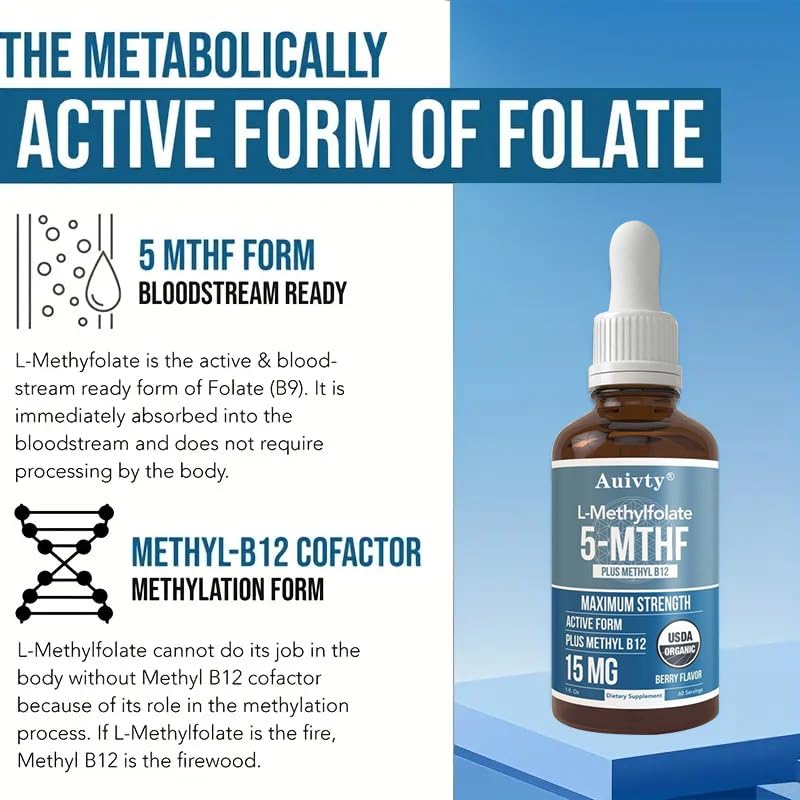 Organic Methyl Folate 1000 mcg + Methyl B12 Drops – 5-MTHF & Methylcobalamin Sublingual, 300 Servings, Berry Flavor, Vegan, Non-GMO Liquid Folate & Vitamin B12 Supplement, 1 fl oz