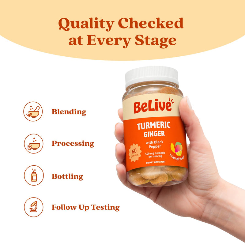 [Australia] - BeLive Turmeric Curcumin with Black Pepper & Ginger - 500 mg of Turmeric and Ginger Supplement for Immune Support, Healthy Skin, and Mobility - Tropical Flavor | 60 Count 60 Count (Pack of 1) 