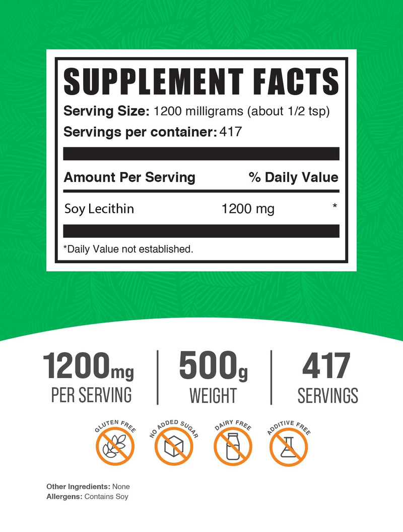 BulkSupplements.com Soy Lecithin Powder - Lecithin Supplement, Lecithin 1200mg Powder - Lecithin Powder Food Grade, Gluten Free, 1200mg per Serving, 500g (1.1 lbs) (Pack of 1) 417 Servings (Pack of 1)