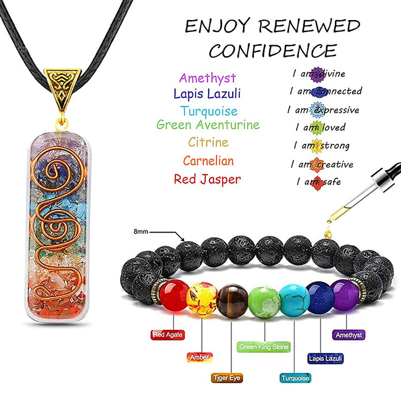 [Australia] - TOFBS Chakra Crystal Pendant Necklace & Bracelet Jewelry Set for Women Men, Reiki Healing Stone Necklace Bracelet Lucky Charm for Healing Protection Positive Energy Yoga Balance Meditation 