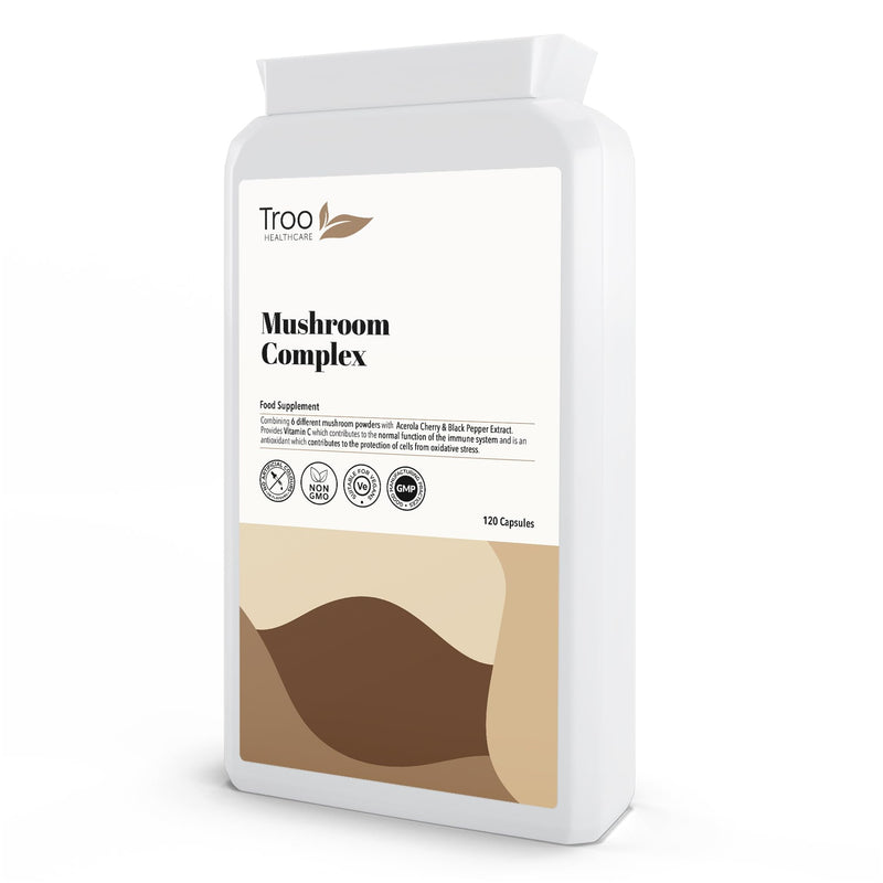 Troo Health Care Mushroom Complex 120 Capsules - 6 Shrooms with Acerola, Turmeric & Black Pepper - Maitake, Reishi, Shiitake, Chaga, Cordyceps, Lion's Mane - Soil Association Certified
