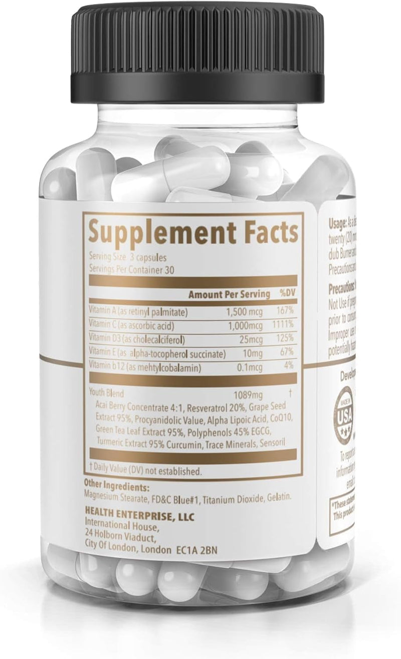 Youth - Daily Wellness Formula - 90 Capsules | Contains Resveratrol, CoQ10, Alpha-Lipoic Acid, Vitamins C & D, Features Daily Wellness Nutrients & Plant Extracts Daily Use