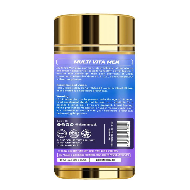 Vitaminnica Multi Vita Men – Advanced Multivitamin 60 Tablets for Men | Energy, Immunity, Muscle Function, Heart Health & Vitality | 25+ Essential Vitamins & Minerals