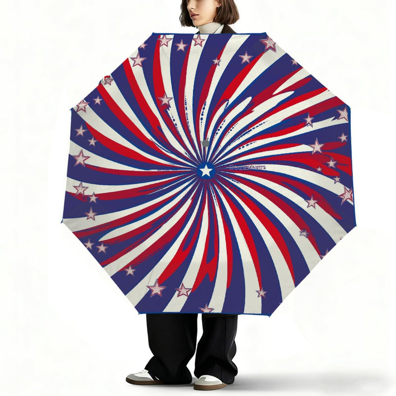 Auto Open Close Umbrellas for Rain and Sun,Folding Windproof Travel Umbrella American Red White Blue Stars Spiral Stripes for Women Men