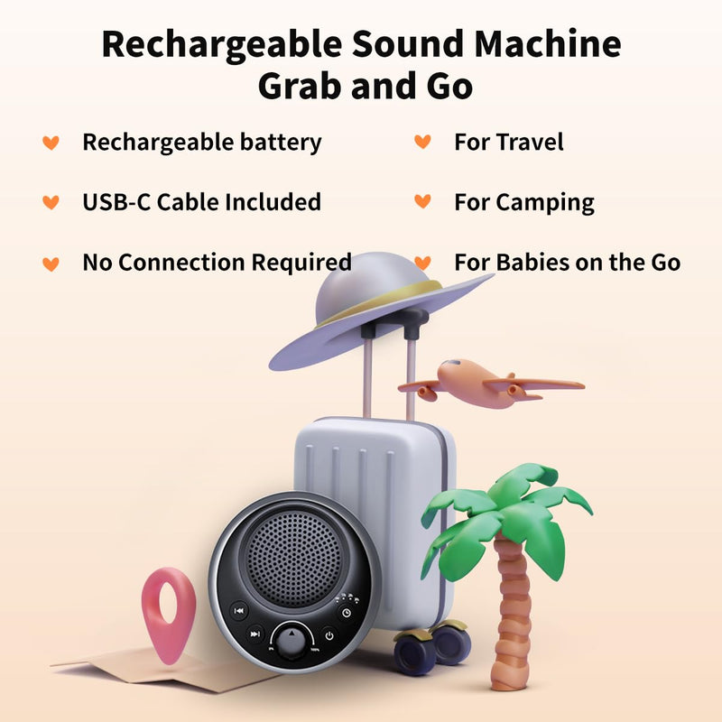 [Australia] - (2024 Upgrade)Rechargeable Portable Brown Noise Machine 2000mAH Large Battery Sound White Noise Machine 30 Soothing Sounds for Baby Kids Adults Sleep Machine Auto-Off Timer for Travel Camping and Home 