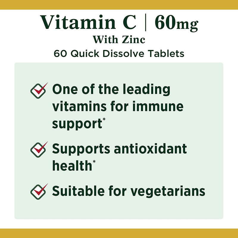 [Australia] - Nature's Bounty Vitamin C + Zinc, Vitamin Supplement, Supports Immune Health, 60 mg, 60 Tablets 60 Count (Pack of 1) 