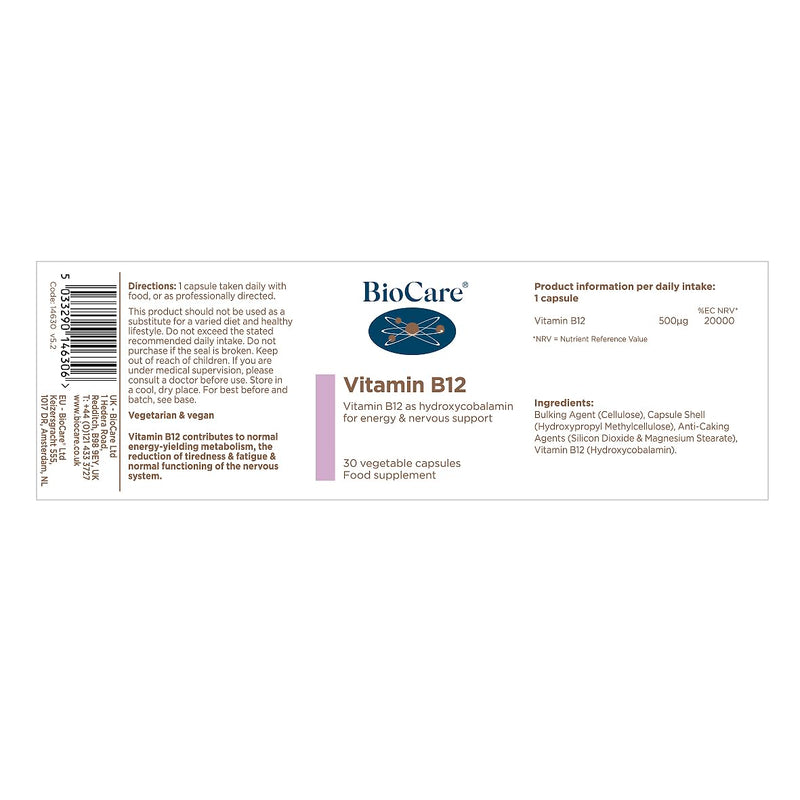 BioCare Vitamin B12 - for Energy & Nervous Support - Daily Supplement, Vegan - 30 Vegetable Capsules 30 count (Pack of 1)