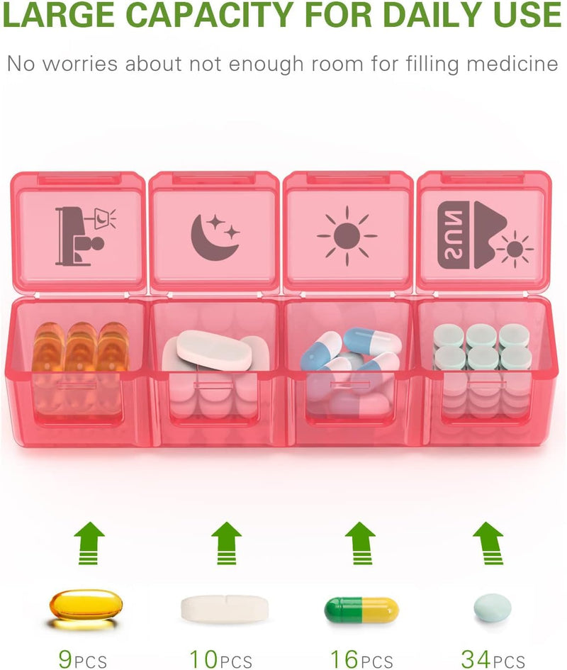 Fullicon Large Weekly Pill Organizer 4 Times a Day, 7 Day, Black Rainbow | Each Compartment Holds up to 9 Fish Oils, 10 Vitamins, or 16 Capsules, Secure Double Latch, Clear Day Labels Multicolor