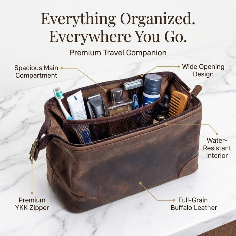 Leather Toiletry Bag, Grooming Travel Pouch, Shaving Kit Toiletries, Makeup Kit Organizer with Waterproof Lining, Handcrafted Vintage leather, best gift for Men & Women (DARK BROWN) DARK BROWM 1