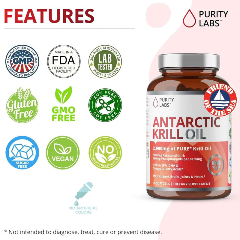 [Australia] - Purity Labs Antarctic Krill Oil 2000mg Omega-3 with Astaxanthin 800mcg Supplements to Support Memory, Heart, Brain Health - Rich in Omega 3, Fatty Acids, DHA, EPA & Phospholipids - 60 Softgels 