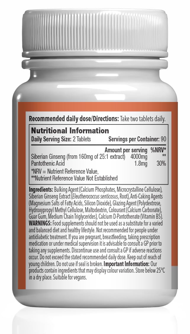 Siberian Ginseng Tablets | Supports Mental Performance & Reduces Fatigue | Suitable for Vegans and Vegetarians | 360 Tablets = 6 Months’ Supply | Made in The UK in Accordance with GMP Standards Unflavoured 180 count (Pack of 2)