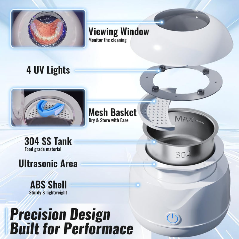 [Australia] - Ultrasonic Retainer Cleaner Machine, 45kHz Retainer Cleaner with UV-C Light and Cleaning Tablets, Capacity 200ML, Portable Dental Cleaning Pod for Dentures Night Mouth Guards Aligner Braces Jewelry 