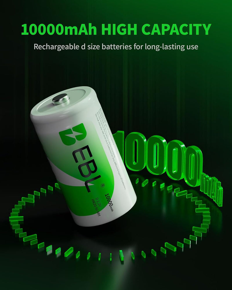 Rechargeable D Cells 10,000mAh 1.2V Ni-MH High Capacity High Rate D Size Battery (4-Counts)