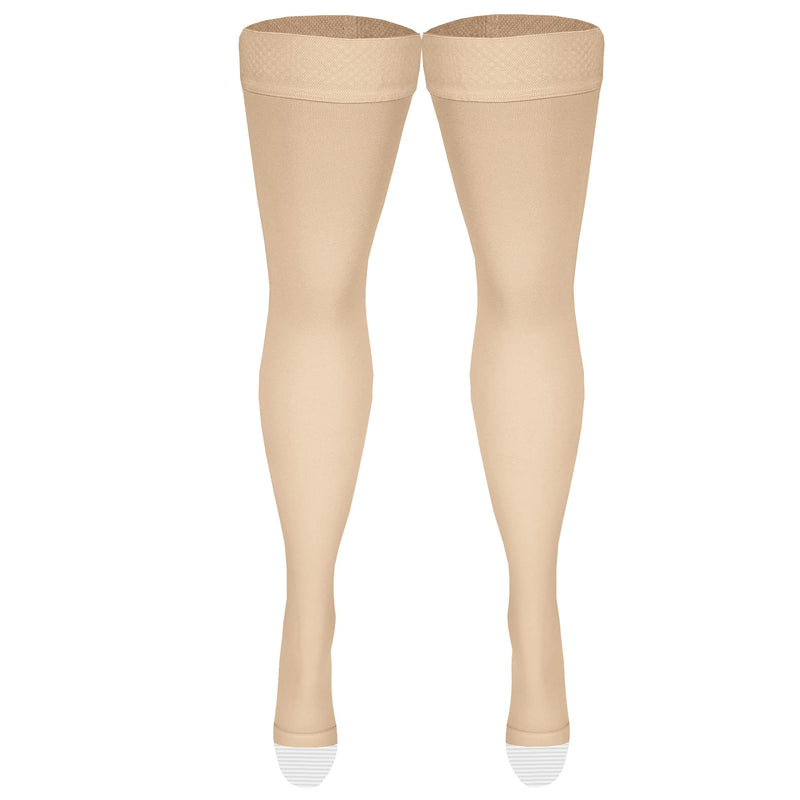 [Australia] - NuVein Medical Compression Stockings, 20-30 mmHg Support, Women & Men Thigh Length Hose, Open Toe, Light Beige, Medium Medium (1 Pair) 