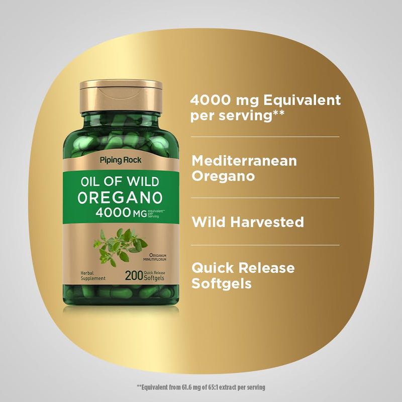 [Australia] - Piping Rock Oil of Oregano 4000mg | 200 Softgel Capsules | Herbal Supplement | Non-GMO, Gluten Free Pills 