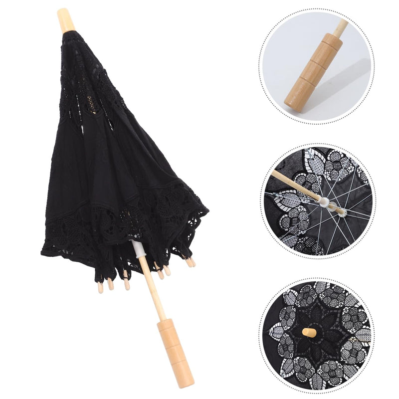 Toyvian Bridal Wedding Lace Parasol: 25.35 Inches White Lace Umbrella Women Vintage Umbrellas Handmade Boho Parasol with Black