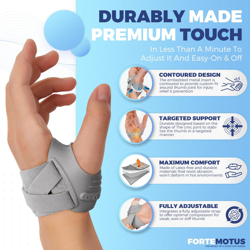 FORTEMOTUS CMC Thumb Brace - CMC Joint Support Stabilizer: for Thumb Joint Pain, Tendonitis, Osteoarthritis, Instability, Lightweight & Adjustable Thumb Support Brace for Men Women Beige, Left Hand Grey - Left Hand Small