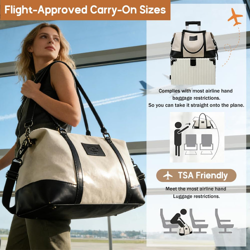 Travel Duffle Bag for Women, Canvas Carry On Weekender Overnight Bags with Wet Pocket, Gym Tote Bag for Business Trip Sports (Beige Black) Beige Black