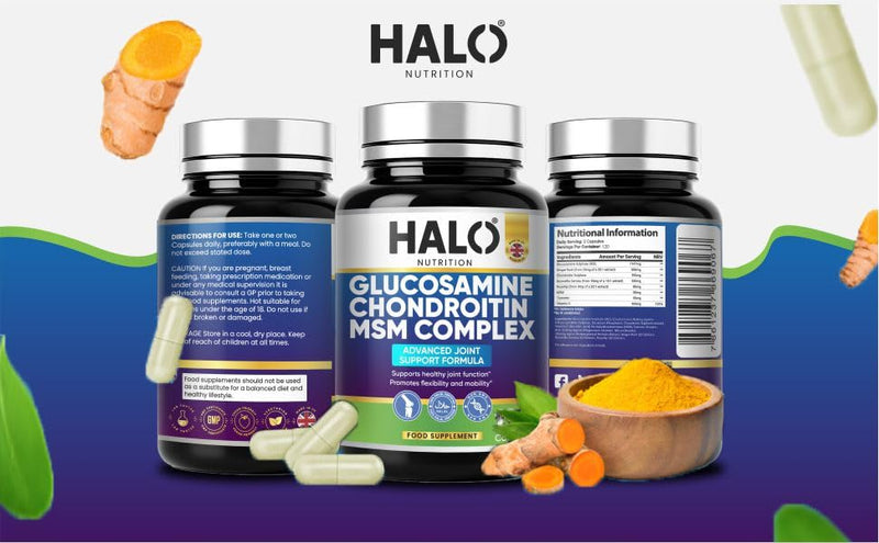 Glucosamine and Chondroitin MSM High Strength with Vitamin C Turmeric Ginger and Rosehip, 120 Capsules Made in The UK Food Supplements by HALO Nutrition