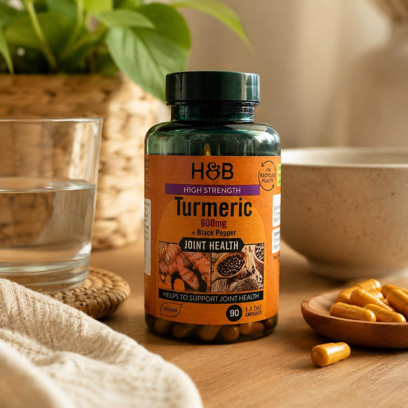 Holland & Barrett High Strength Turmeric 600mg + Black Pepper 90 Capsules, Vegan Joint Health Supplement, Helps Support Joint Health & Flexibility, One Capsule Daily