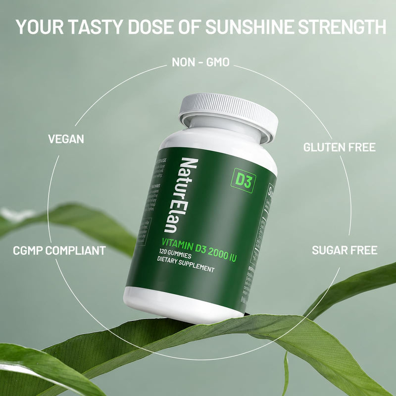 NaturElan Vitamin D3 Gummies - 120 Gummies, 2000 IU Vitamin D3, Sugar Free | Boost Bones, Mood & Immune System Function, Third Party Tested, Yummy Peach Flavor, Vegan & Gluten Free, 120 Servings 120 Count (Pack of 1)