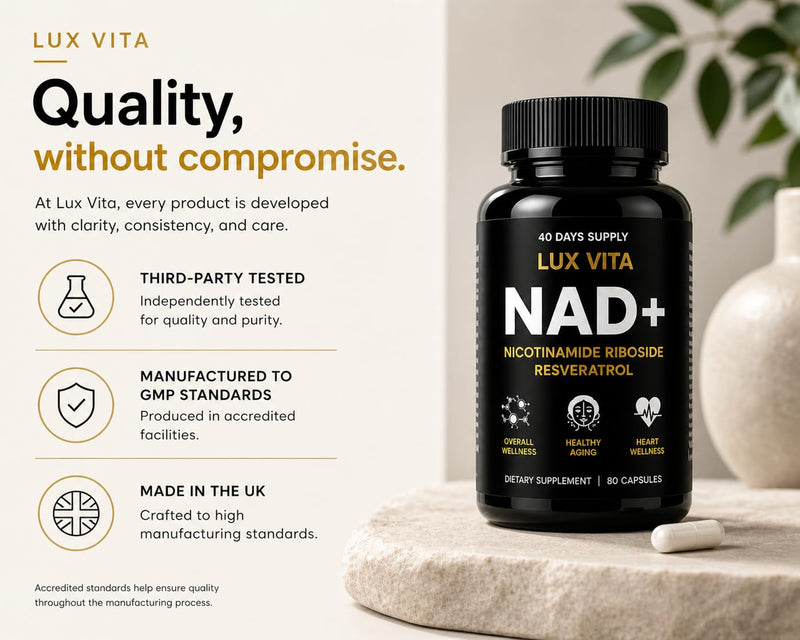 LuxVita NAD+ Supplement | 500mg Nicotinamide Riboside (NR) with Quercetin Phytosome & Trans-Resveratrol | NAD Supplements UK | Cellular Energy, DNA Repair & Healthy Ageing | 80 Vegan Capsules