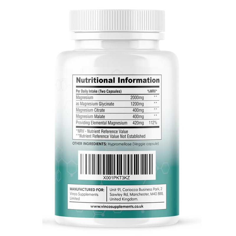 Vinco Magnesium Glycinate 3-in-1 Complex - 2000mg Supplements as Bisglycinate, Citrate & Malate 120 Capsules, Triple High Absorption 420mg Elemental, UK Made