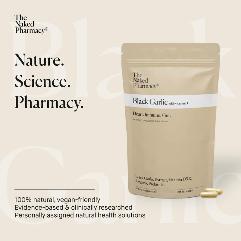 The Naked Pharmacy | Black Garlic Supplements | for Gut, Cardiovascular & Immune System | with Vitamin D | Odourless | 60 Capsules 60 count (Pack of 1)