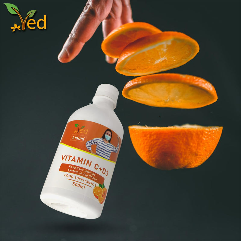 Ved Vitamin C & D3 Liquid Food Supplement for Adults - High Strength Vitamin D & Vitamin C per Dose- Support for Joints, Muscles & Immunity - Vegetarian - Orange Flavour (33 Days Supply)