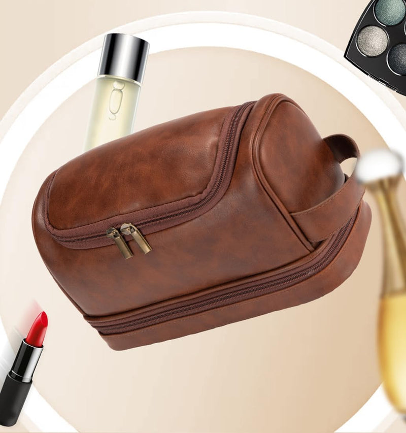 Toiletry Bag for Men Leather Travel Organizer Shaving Dopp Kit with hanging hook, Large Water-resistant Toiletries Bathroom Shaving Bags for Women redbrown