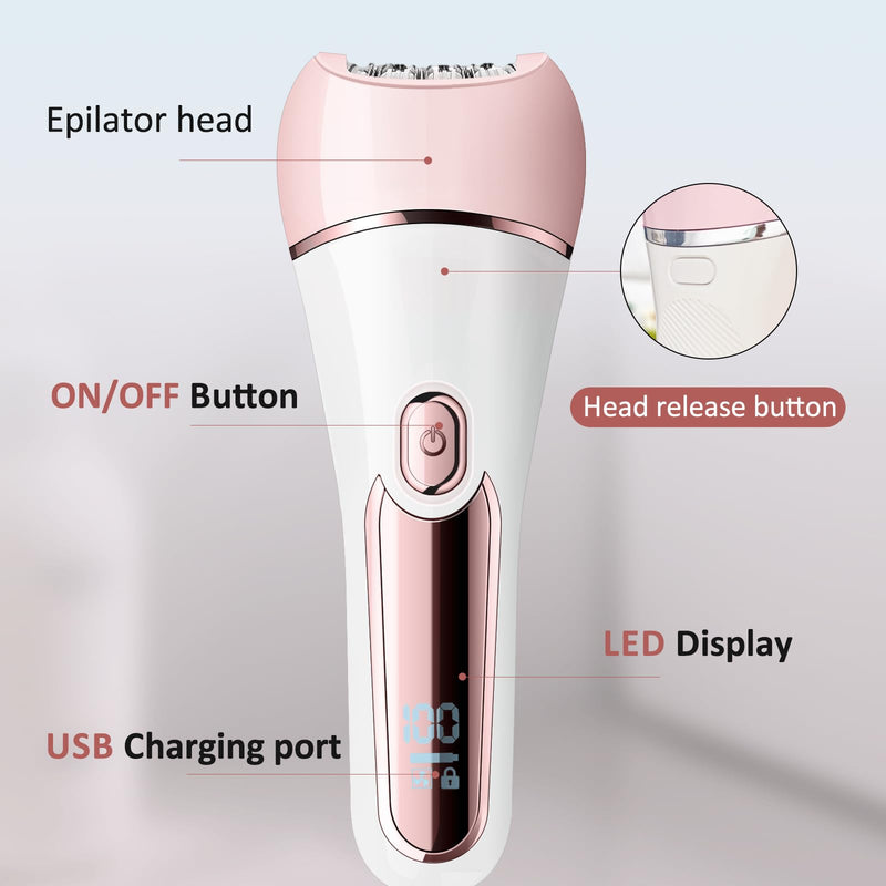 [Australia] - Epilator for Women, 6 in 1 Hair Removal Epilator, Shaver, Face Razor, Facial Brush, Face Massage and Body Exfoliator,IPX7 Waterproof Rechargeable Hair Removal for Women (Pink) Pink 
