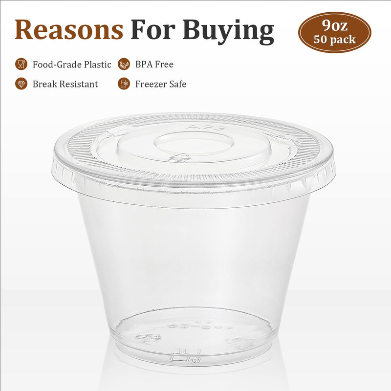 [Australia] - AOZITA [50 Sets, 9 oz Clear Plastic Cups With Flat Lids No Hole, Disposable Cups With Lids for Ice Cream, Pudding, Cake, Snacks Smoothie, Milkshake, Cold Drinks 50 Sets 
