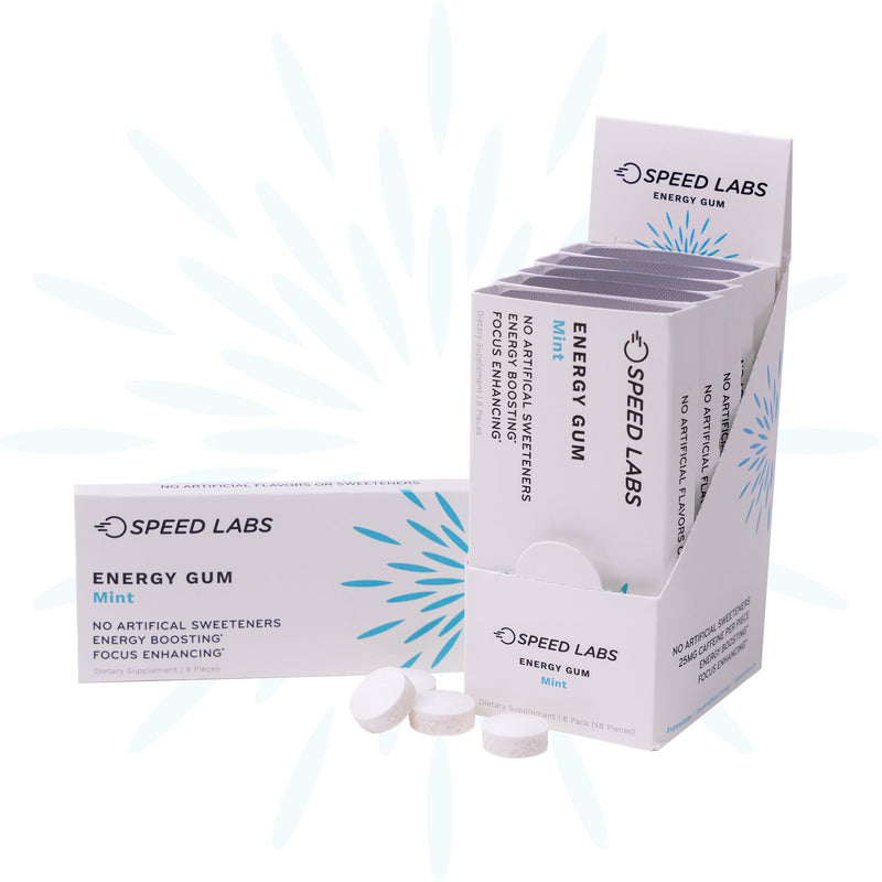 [Australia] - Speed Labs Mint Natural Caffeine Energy Gum 25mg Caffeine, Taurine, B Vitamins Per Piece, 48 Pieces (6 Packs of 8) Sugar Free, Zero Calories, Naturally Sweetened, Gluten Free 