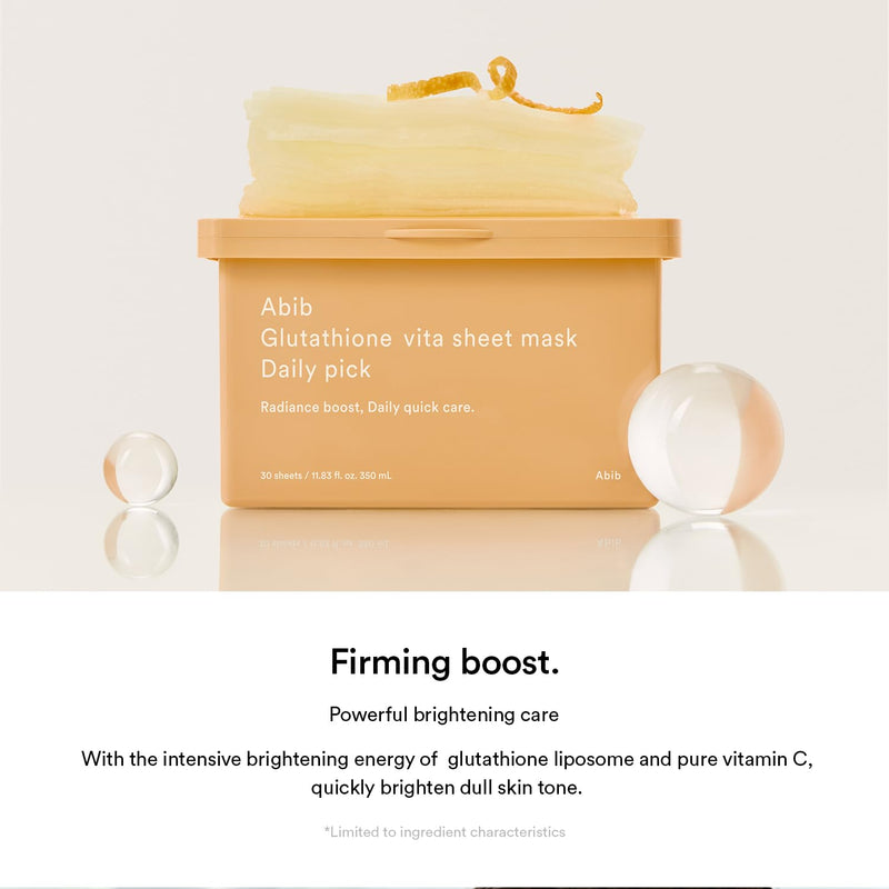 Abib Glutathione Vita Sheet Mask Daily Pick, 30 Sheets, Korean Radiance Face Skin Mask