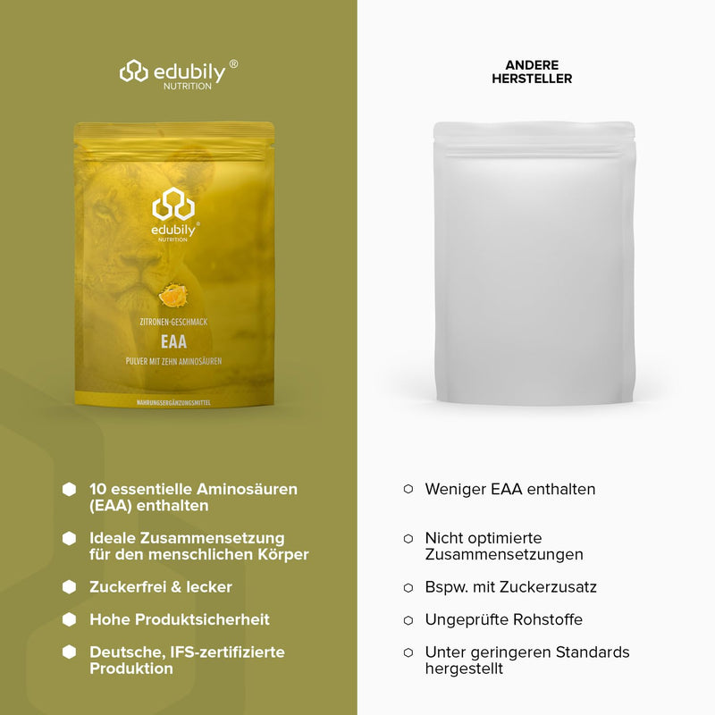 [Australia] - edubily nutrition® EAA powder • High-quality vegan amino acid complex made of 10 essential amino acids (EAAs) • Lemon flavor • Sweetened with stevia • 400 g lemon 