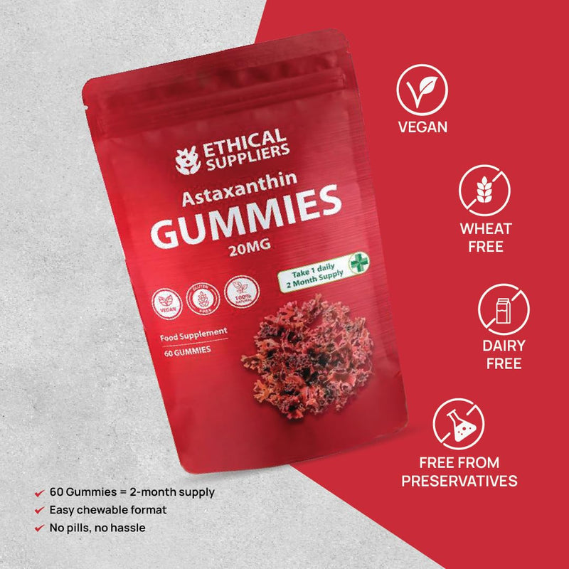 Astaxanthin Gummies - 60 Vegan Astaxanthin 20mg Gummies - 60 Day 2 Month Supply - Natural Antioxidant- Cranberry Flavour
