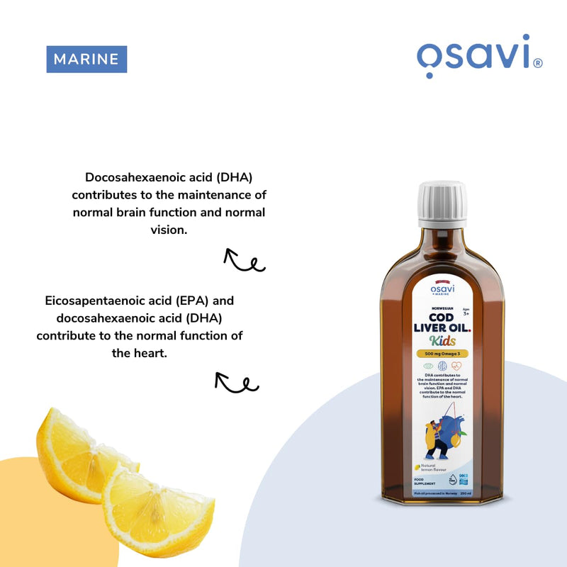 Osavi Norwegian Cod Liver Oil Kids – 250 ml | 500 mg Omega–3| Supports Brain Function, Vision, Heart Health, Immune System | Includes 135 µg Vitamin A | Lemon Flavour | Made in Norway