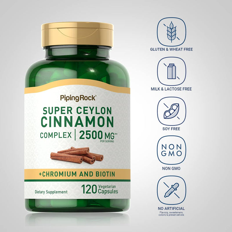 [Australia] - Piping Rock Ceylon Cinnamon Capsules | 2500mg | 120 Pills | Complex with Chromium and Biotin | Extract Supplement | Vegetarian, Gluten Free, Non-GMO 120 Count (Pack of 1) 