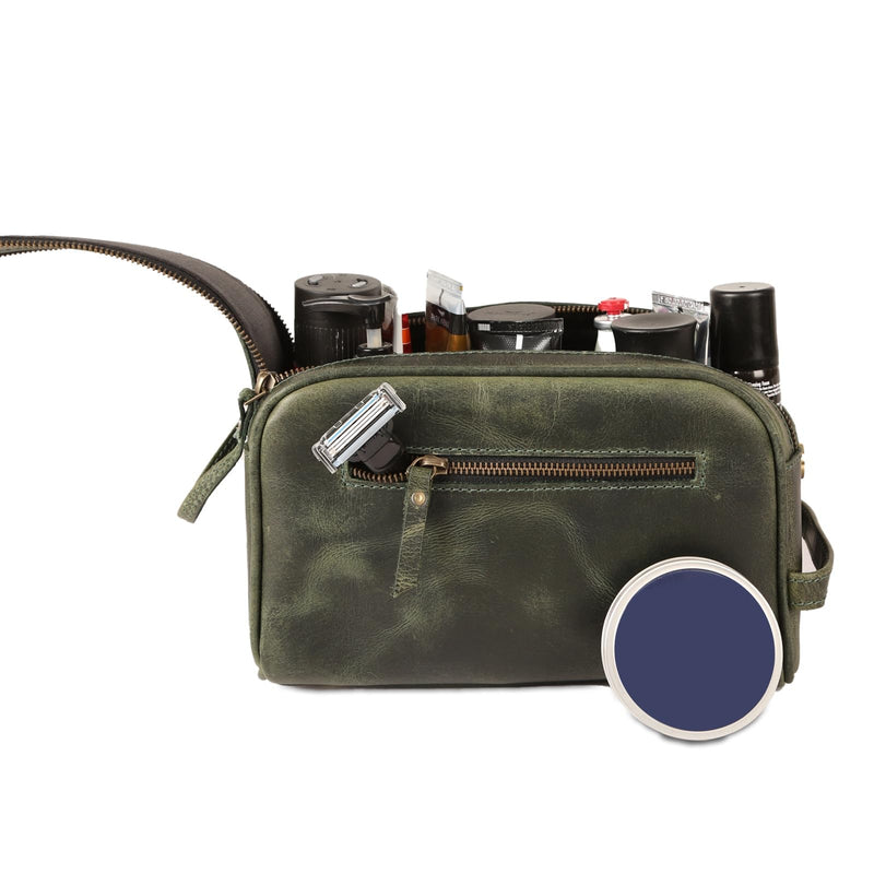 KomalC Leather Toiletry Bag for Men & Women – Handcrafted Travel Grooming Kit with Water-Resistant Lining and Secure Zipper Closure 1 Zip Classic Light Green