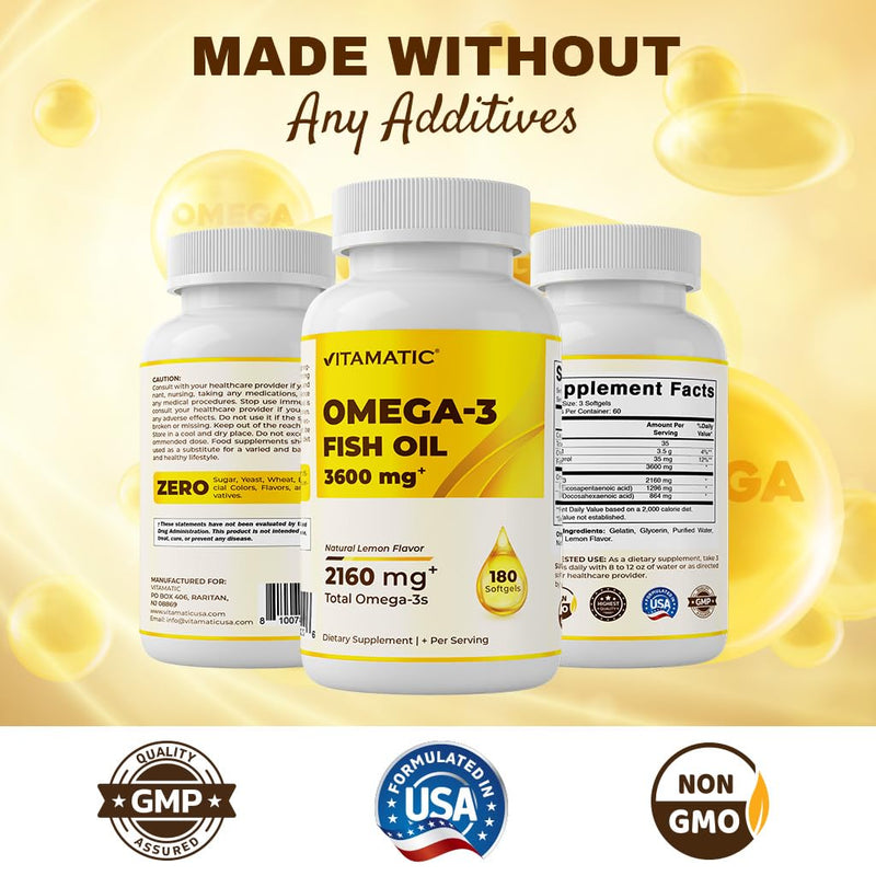 Vitamatic Triple Strength Omega 3 Fish Oil 3600mg Per Serving, 2160mg Omega 3 Fatty Acids, 1296mg EPA + 864mg DHA, Burpless Lemon Flavor, 180 Softgels 180 Count (Pack of 1)