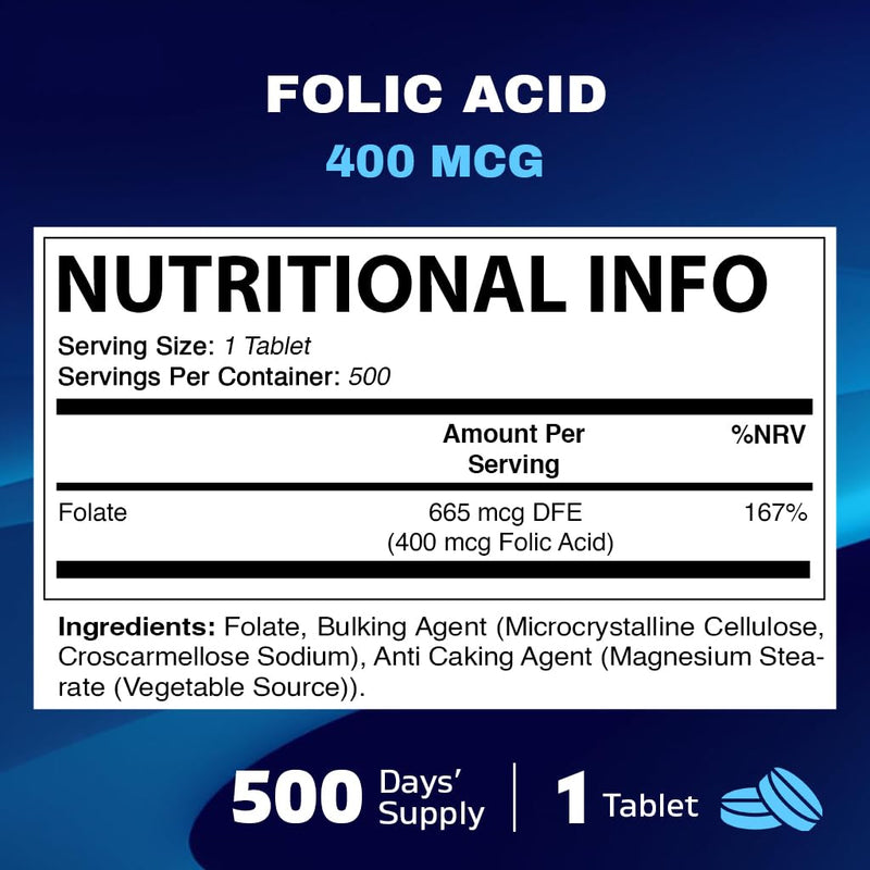 Vitamatic Folic Acid 400 mcg - 500 Vegetarian Tablets - Vitamin B9