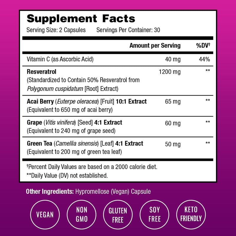 [Australia] - Resveratrol Supplement | Extra Strength Formula for Healthy Aging, Immune Support & Heart Health | 60 Vegan Capsules with Trans-Resveratrol, Green Tea Leaf, Acai Berry & Grape Seed Extract 