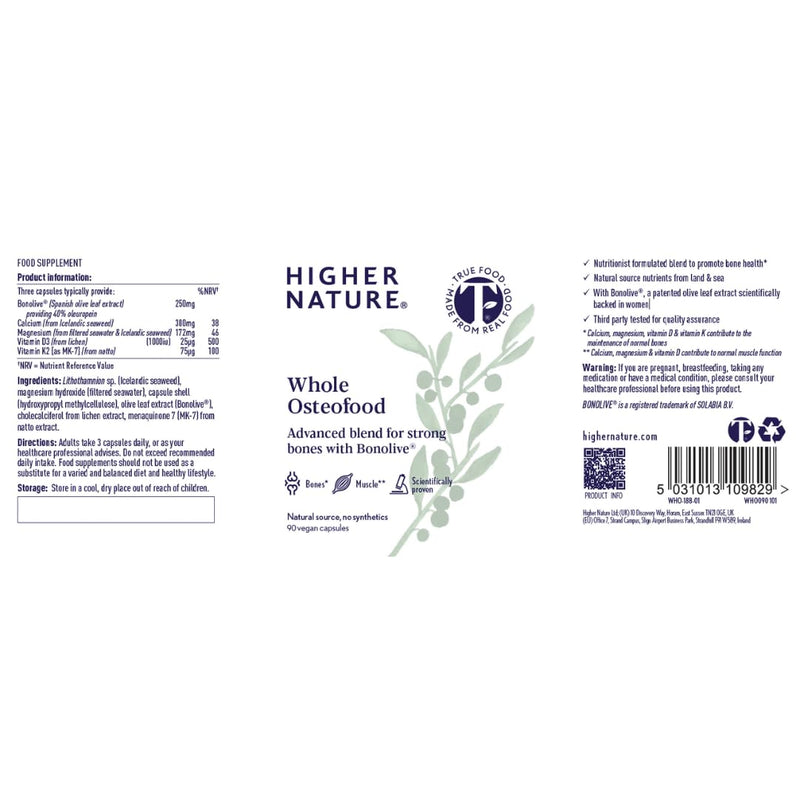 Higher Nature - Whole Osteofood - Supports Healthy Bones & Teeth - Magnesium, Calcium, Vitamin D3 & K2 - Improved Bone Strength & Density - Joint Care - True Food® Formula - 90 Capsules