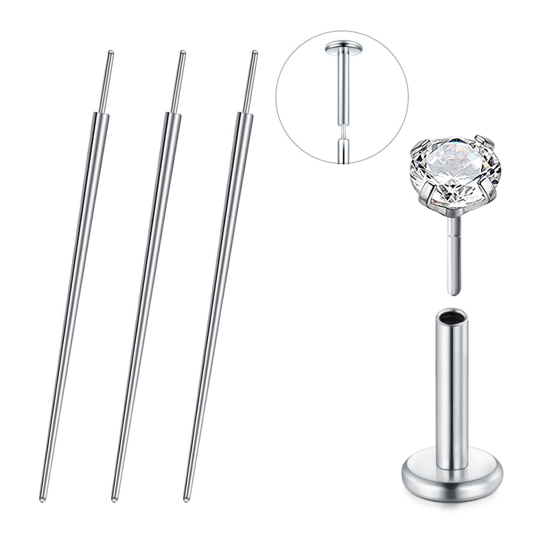 QWALIT Piercing Taper Threadless Piercing Changing Tool Piercing Taper Insertion Tool Piercing Threader Tool Flat Back Earring Applicator Tool Labret Titanium Threadless Insertion Pin 16g 18g 20g B1-stainless steel-mix sizes