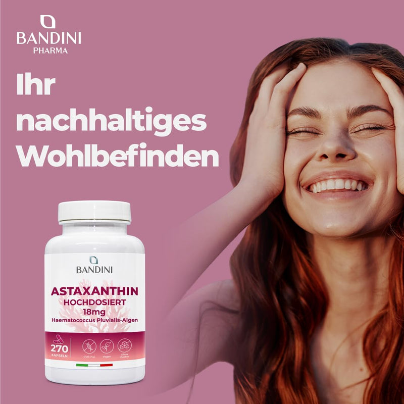 [Australia] - Bandini® Pure Astaxanthin 18 mg per capsule, 270 capsules (9 month supply), Algae Haematococcus Pluvialis - Natural Astaxanthin, free from magnesium stearate, GMO free 